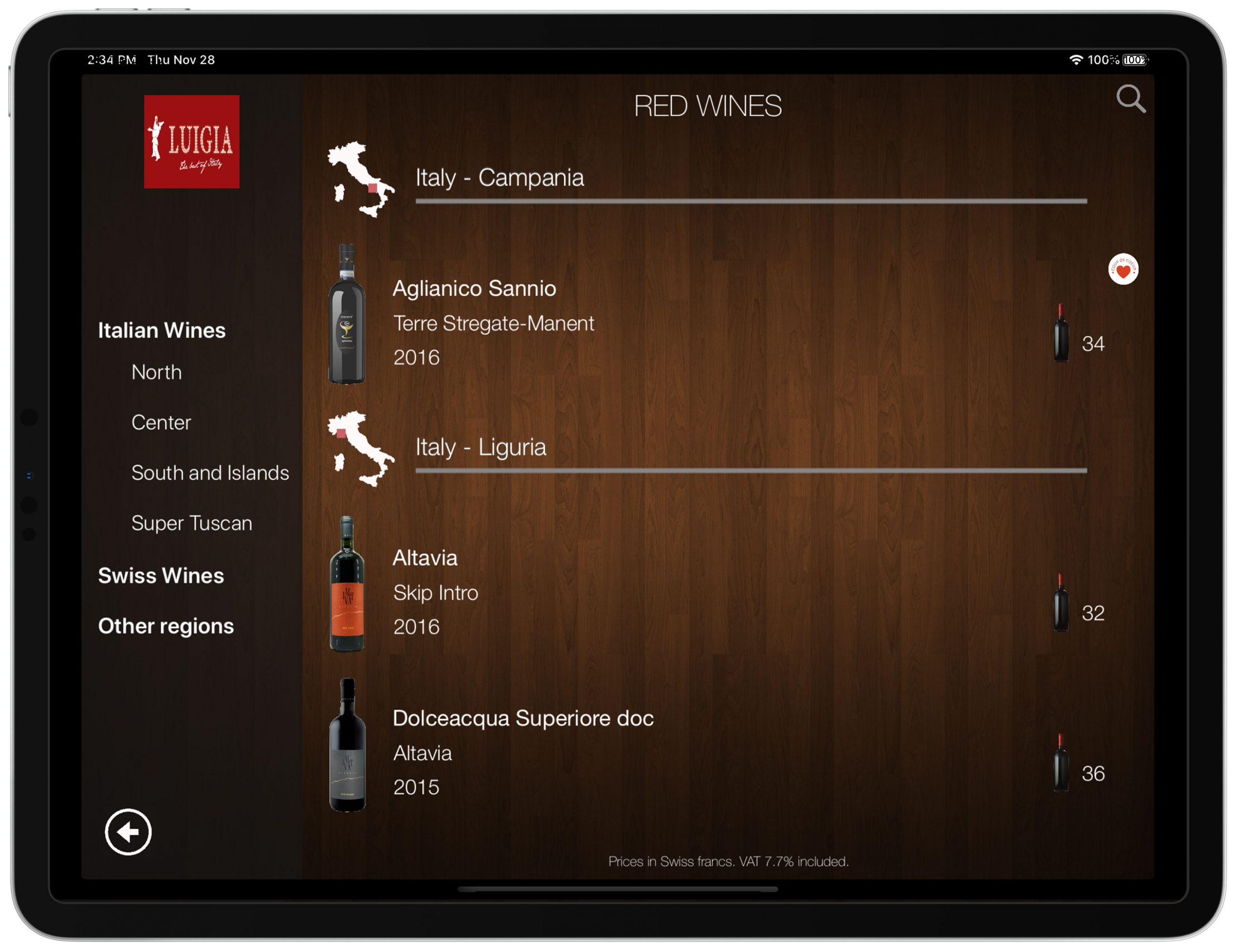 Wine list iPad Italian Restaurant LUIGIA