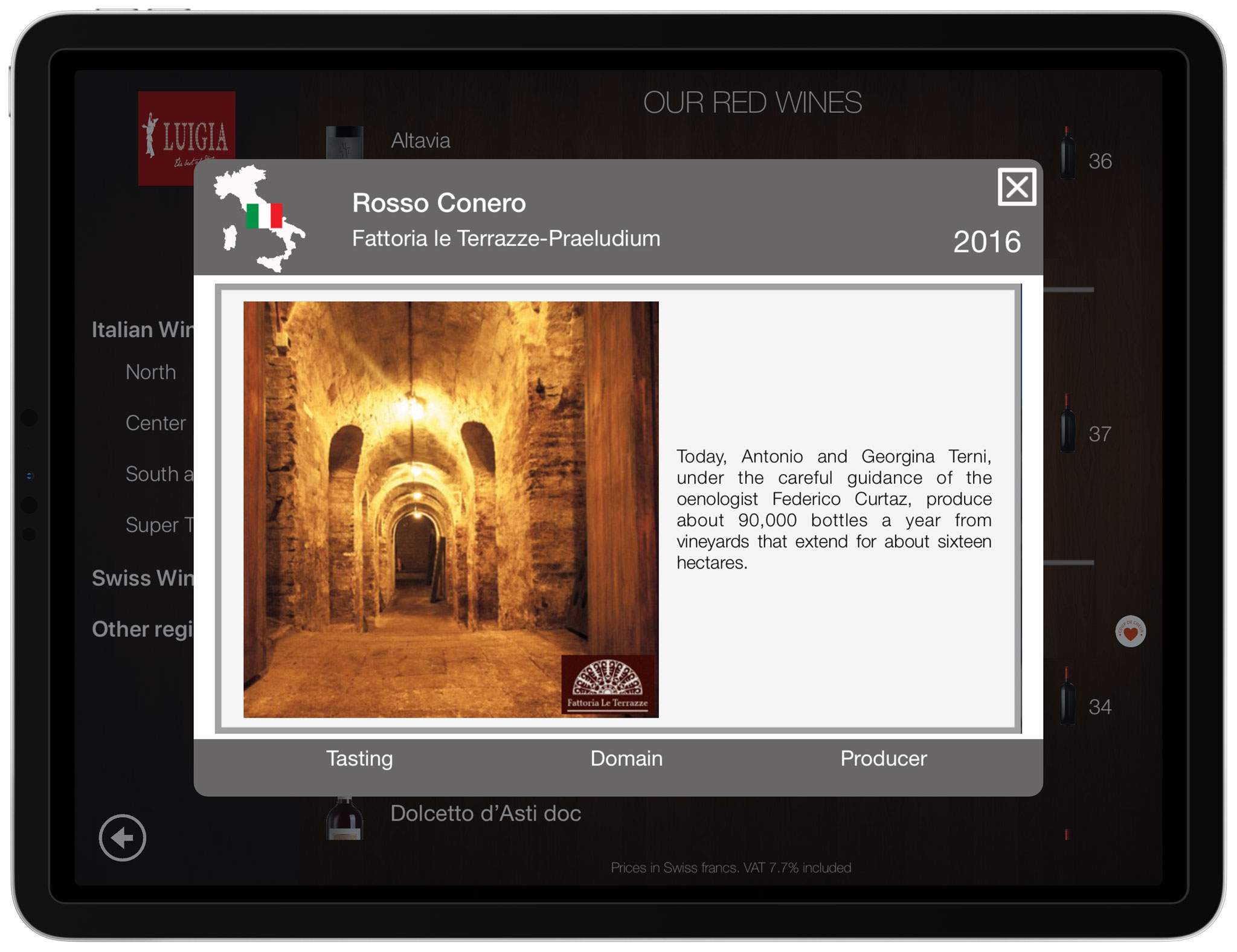 Wine producer description and photo iPad italian restaurant