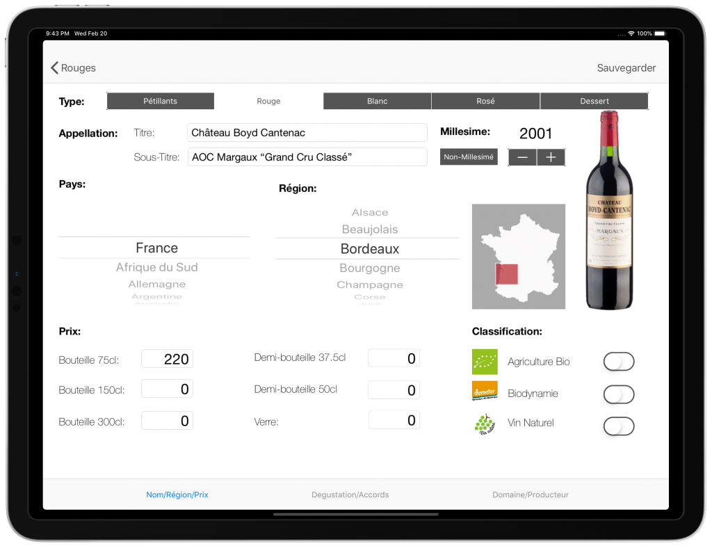 Administration vins carte iPad
