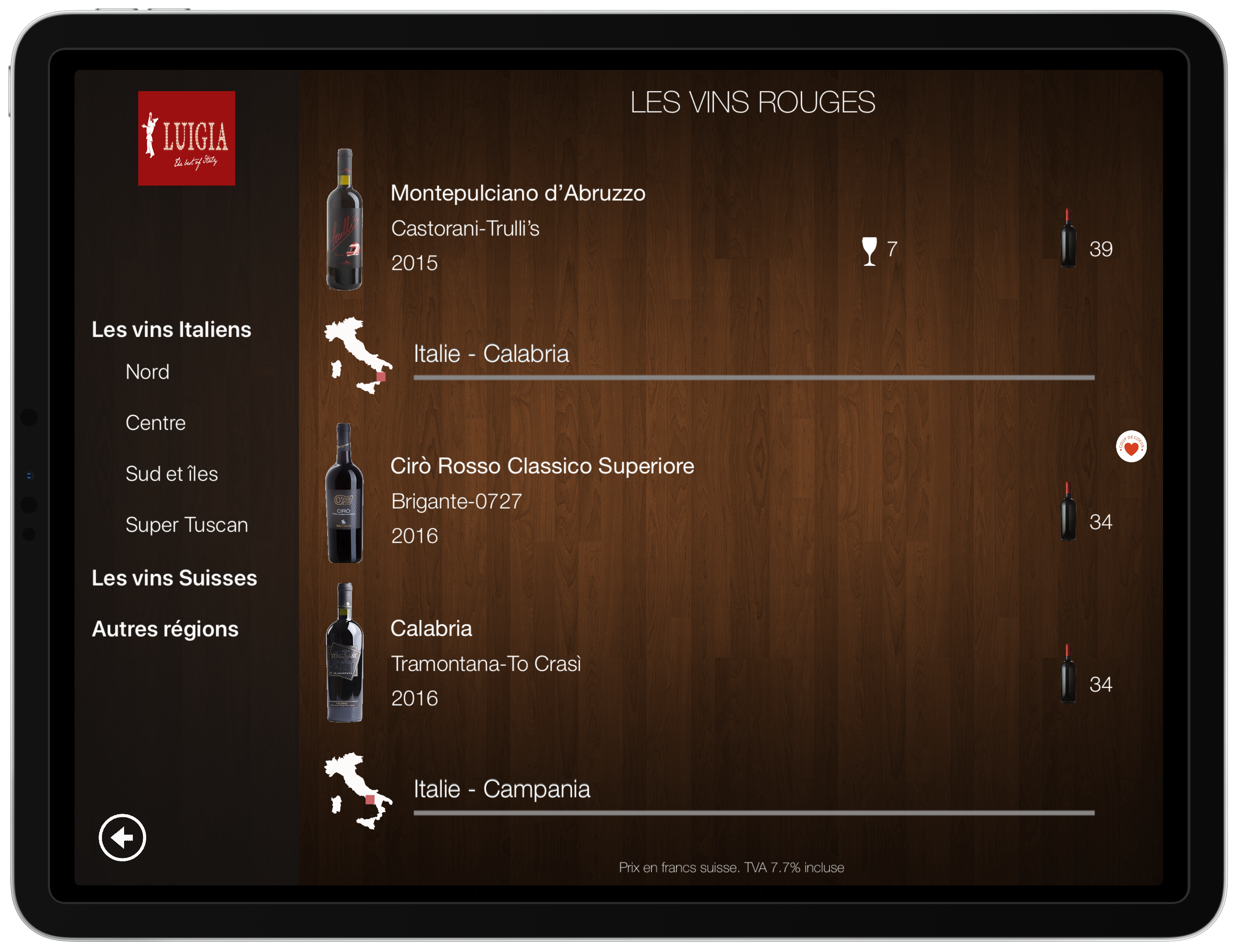 Carte vins iPad tablette