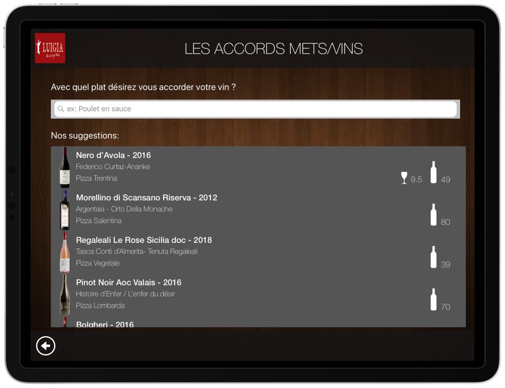 Accords mets vins carte numérique iPad