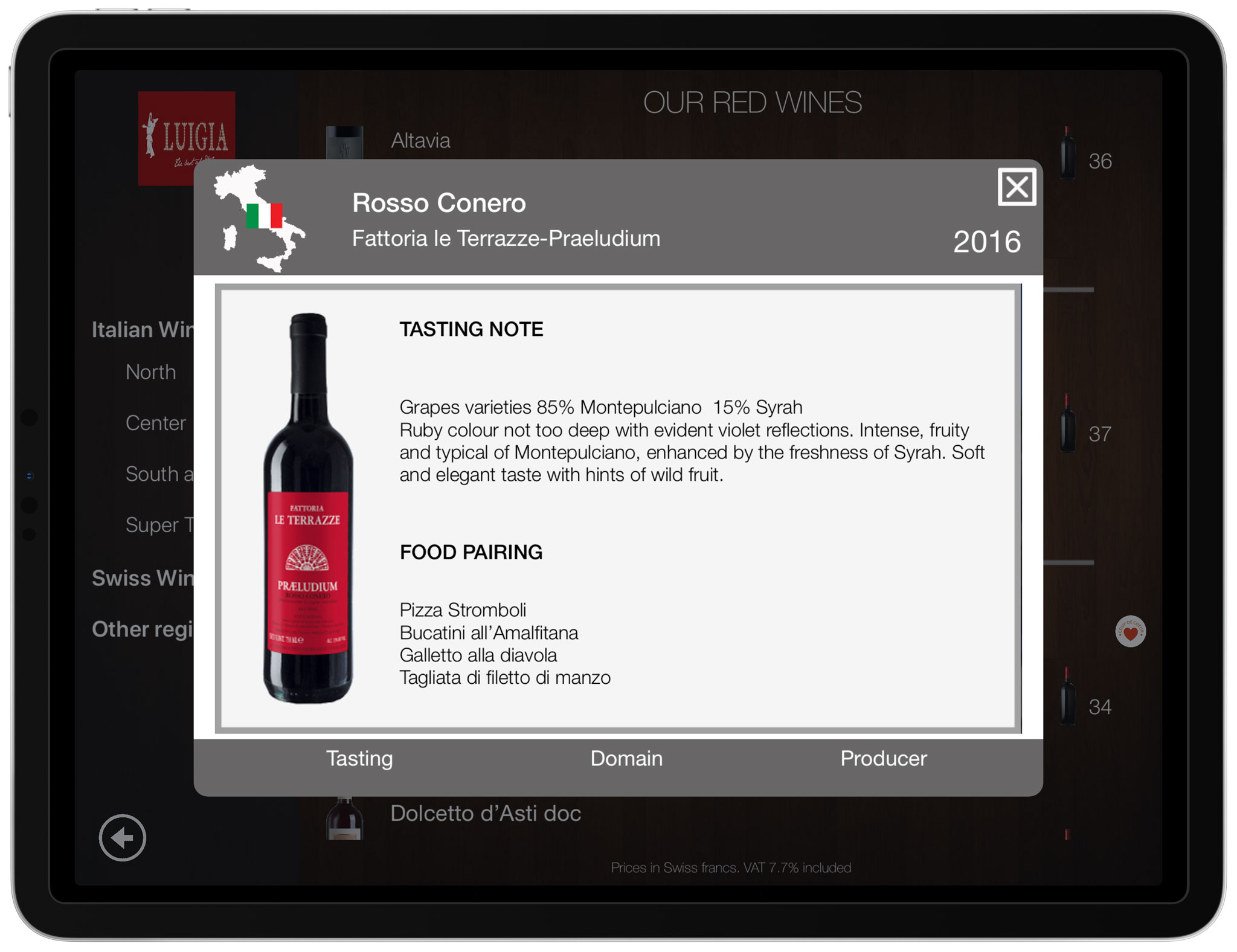 Wine tasting notes food pairing iPad italian restaurant LUIGIA