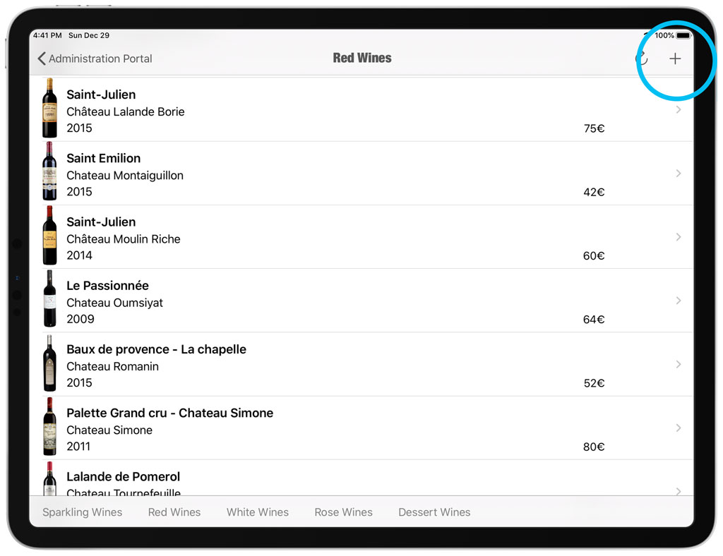 Add a new wine to a wine list on iPad