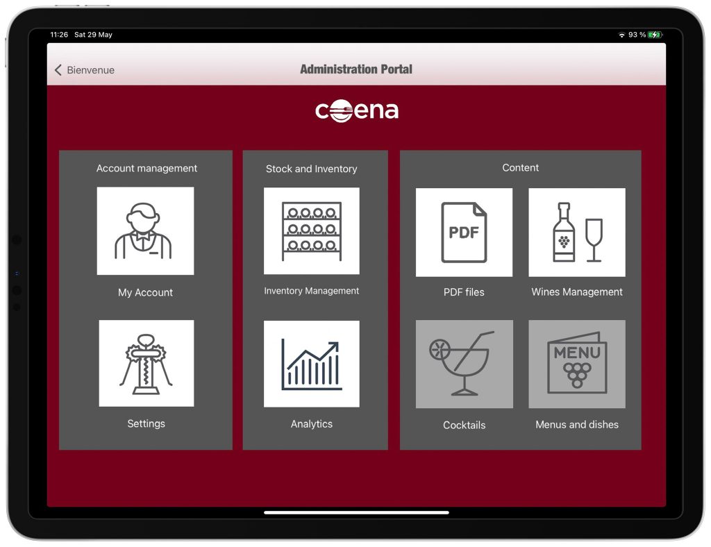 Administration interface Wine List on iPad