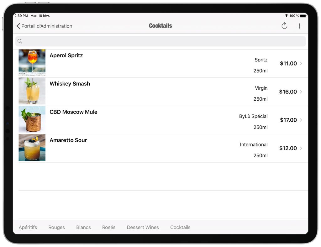 Gestion cocktails iPad