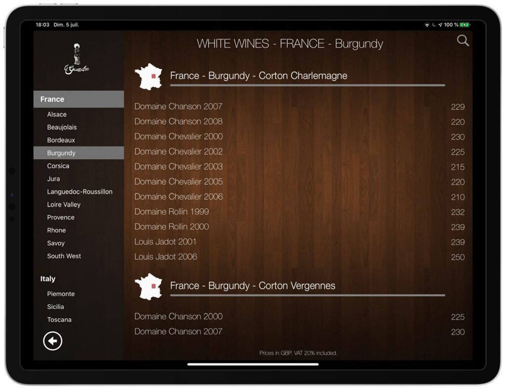 Le Gavroche's wine list on iPad