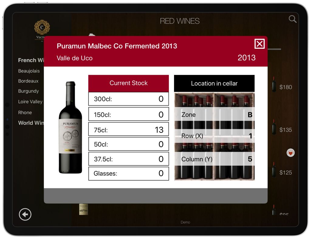 Stock and location of wine in cellar - wine list in iPad