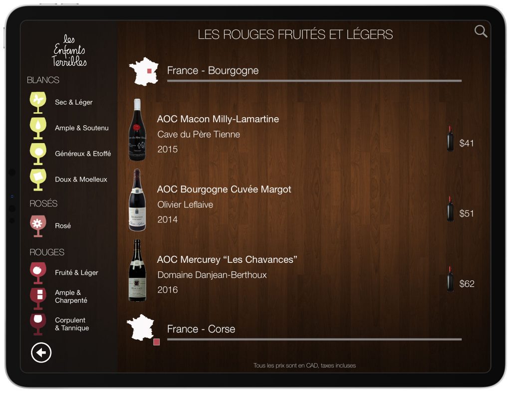 Carte des vins tablette iPad numérique