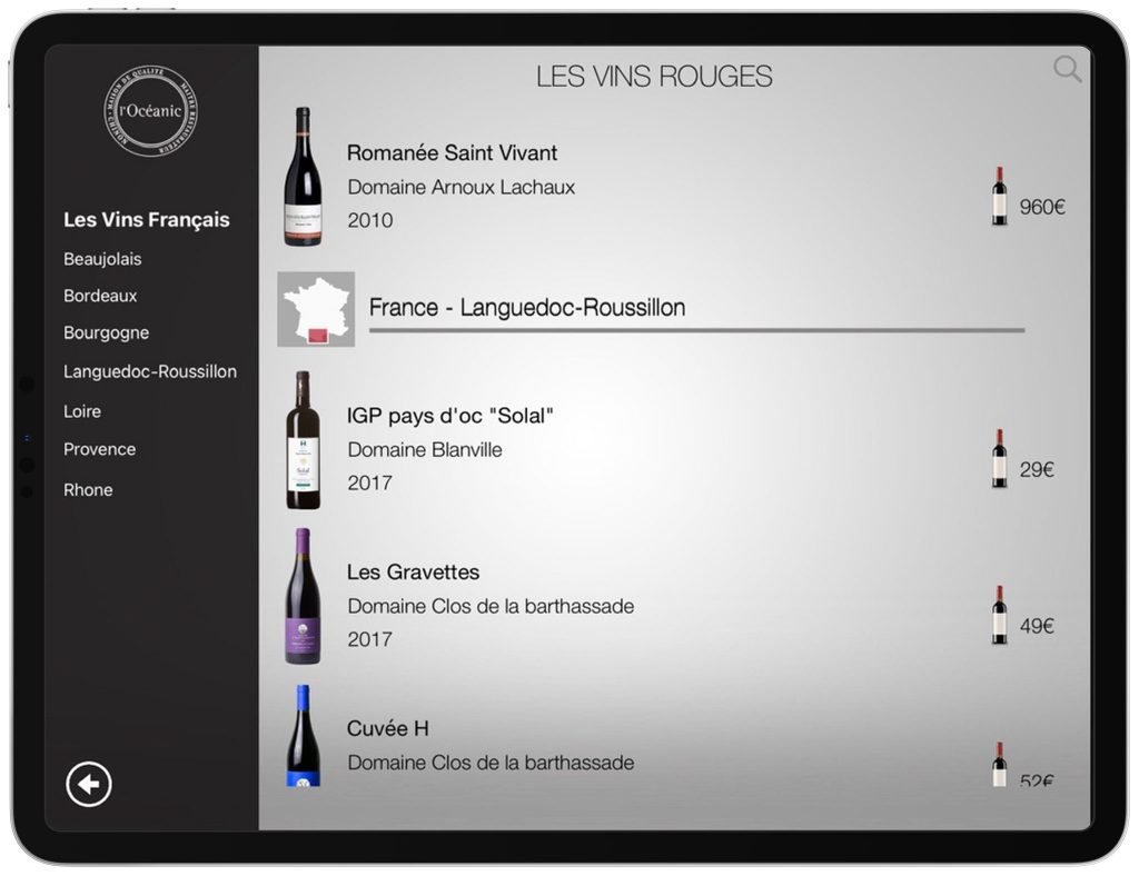 Carte des vins design tablette iPad numérique large liste