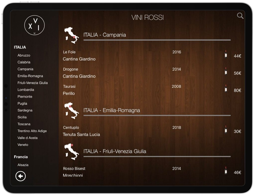 Carte vins tablette numerique italie venise