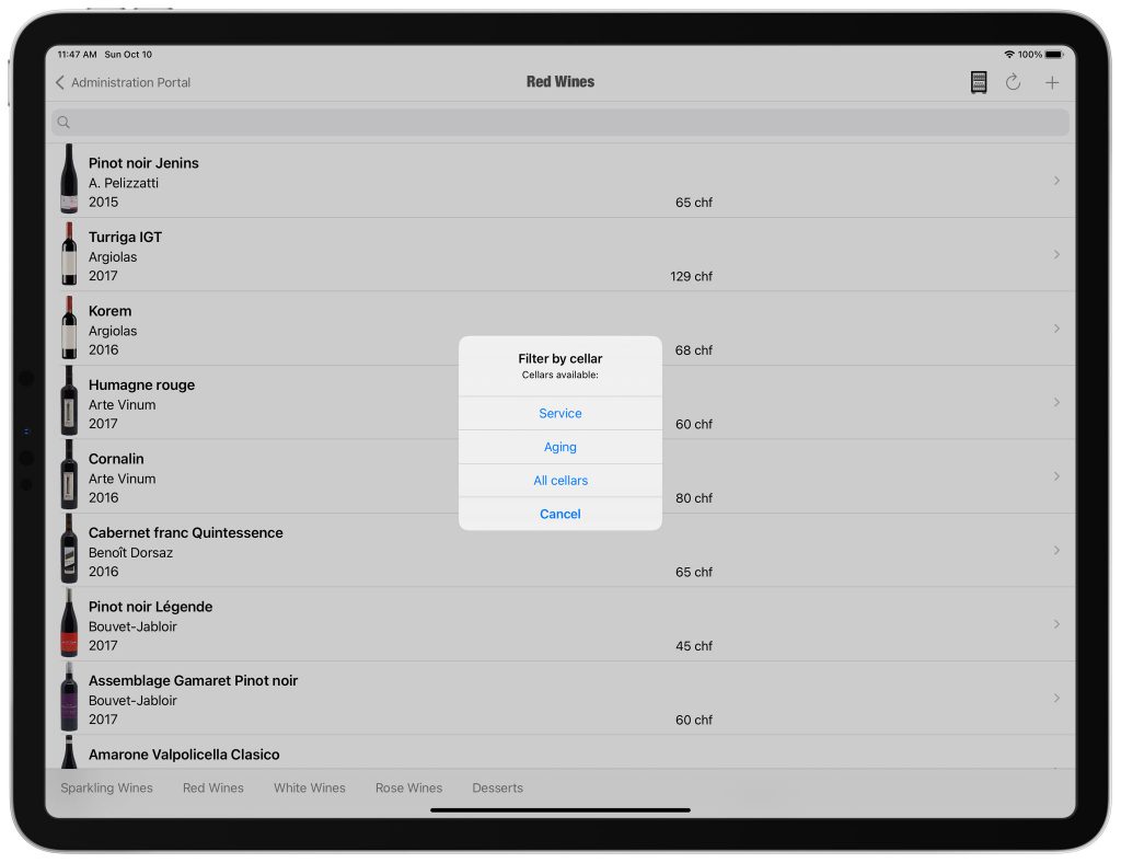 Multi caves filtres carte vins iPad