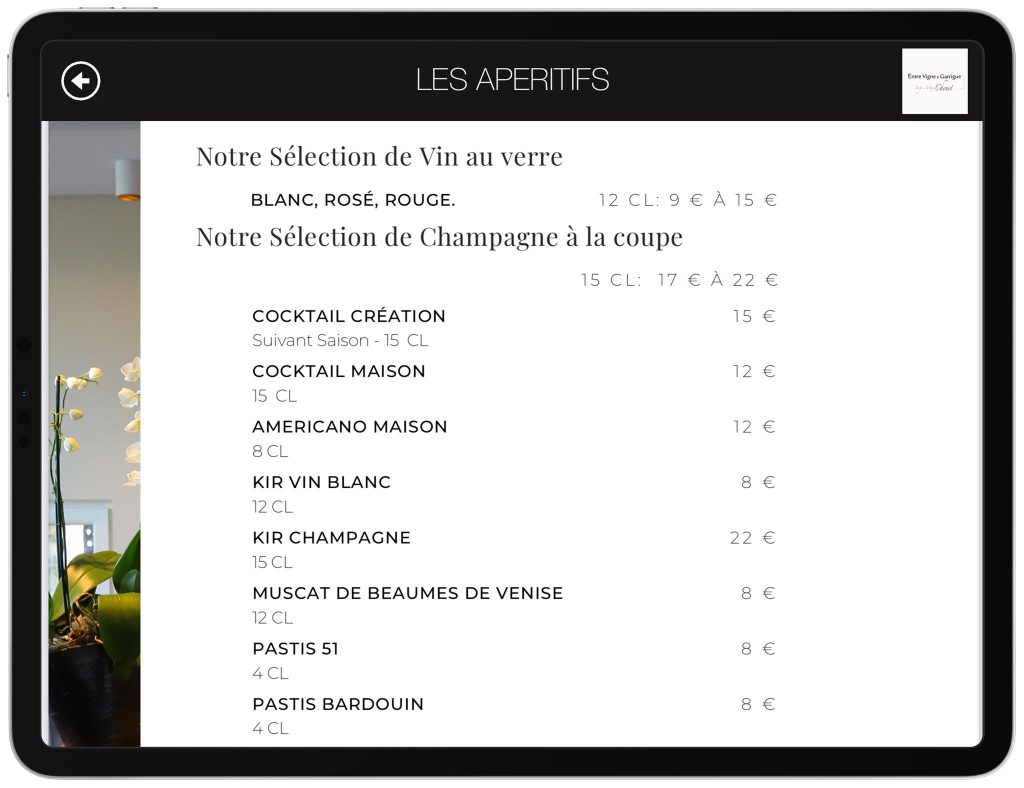 Vigne et Garrigue iPad Carte vins