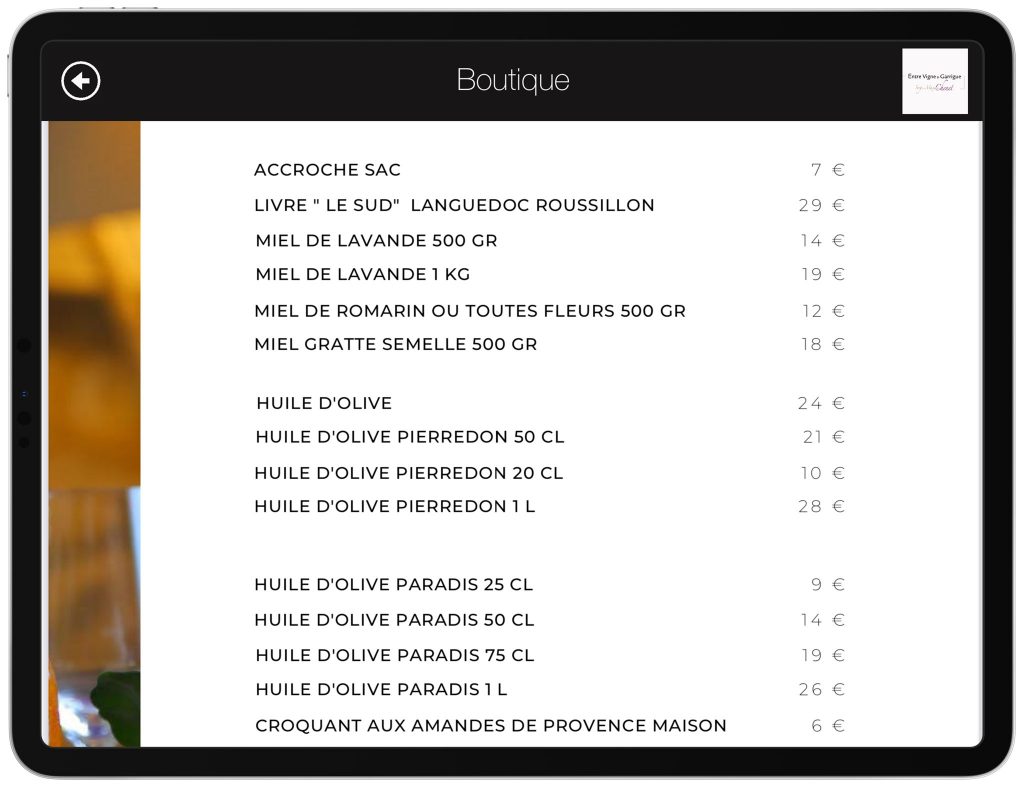 Vigne et Garrigue iPad Carte vins