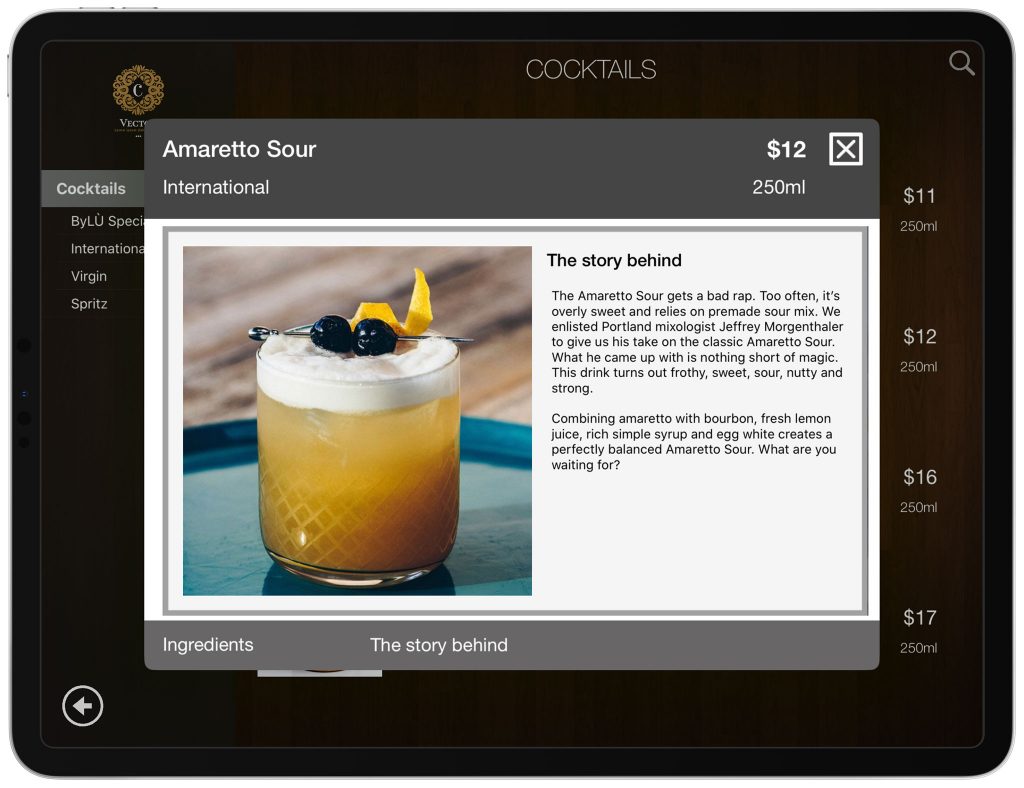 Cocktail History Wine List iPad