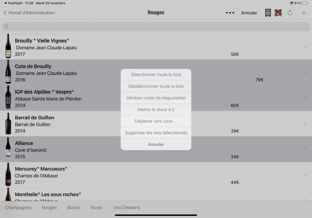 Selection multiple de vins carte quick actions iPad