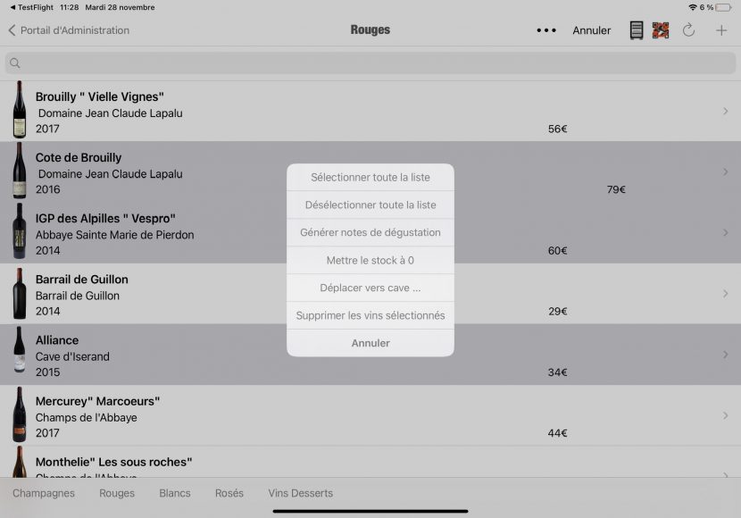 Selection multiple de vins carte quick actions iPad