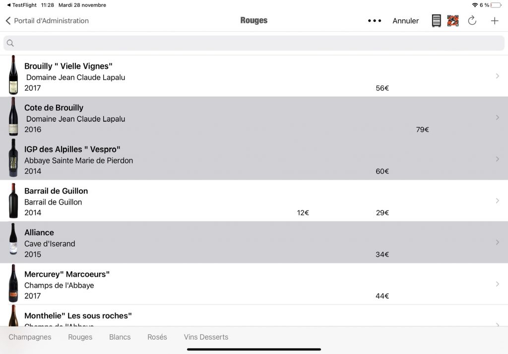 Ce bouton active le "mode multi-sélection", permettant aux utilisateurs de sélectionner facilement plusieurs vins dans leur liste. Une pression sur le bouton "Annuler" désactive le mode, ce qui permet d'alterner entre l'édition d'un vin à la fois et les sélections multiples.