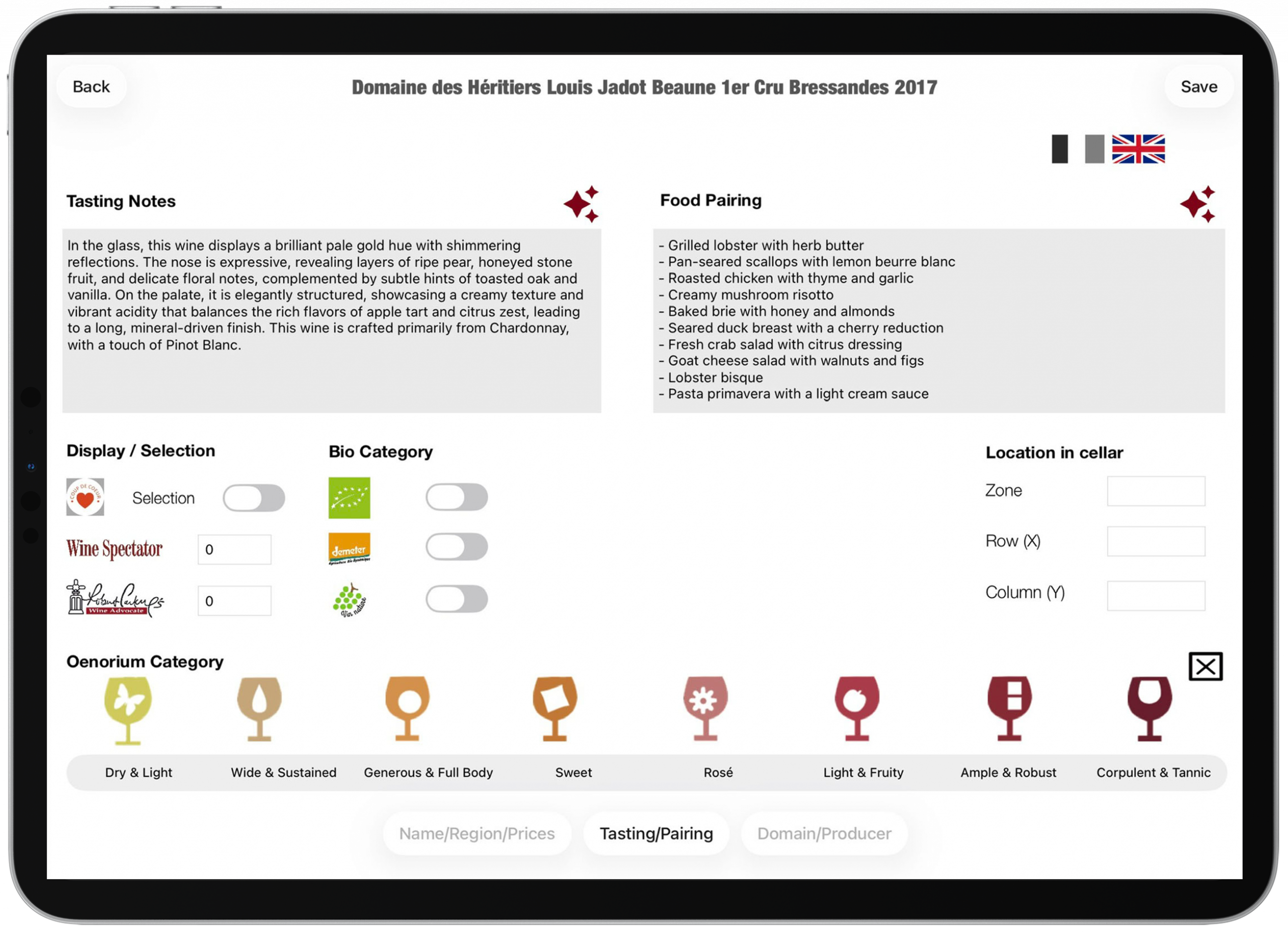 AI generated food pairing and tasting notes for wine list