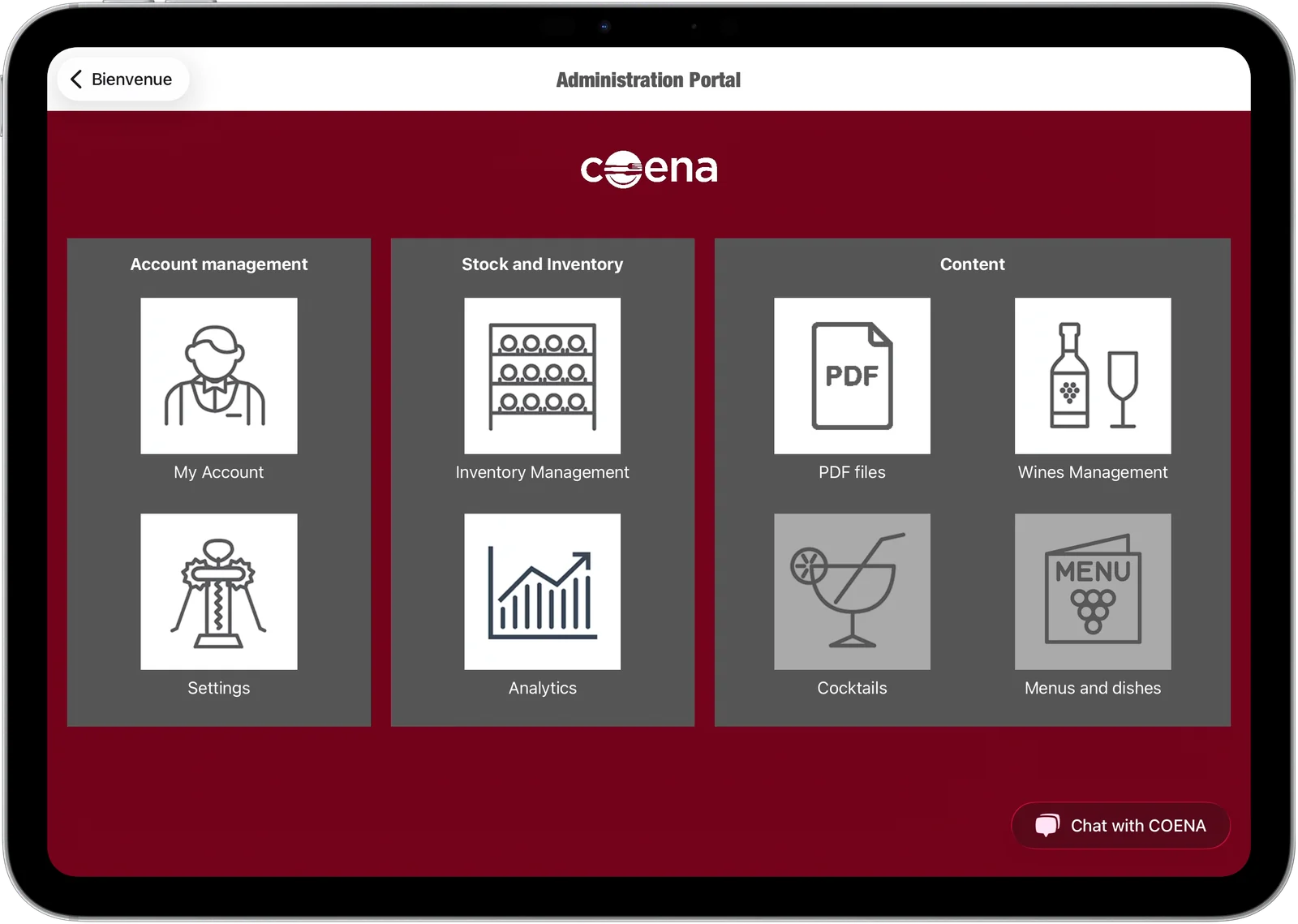 COENA administration portal on iPad, with the Chat with COENA button at the bottom right