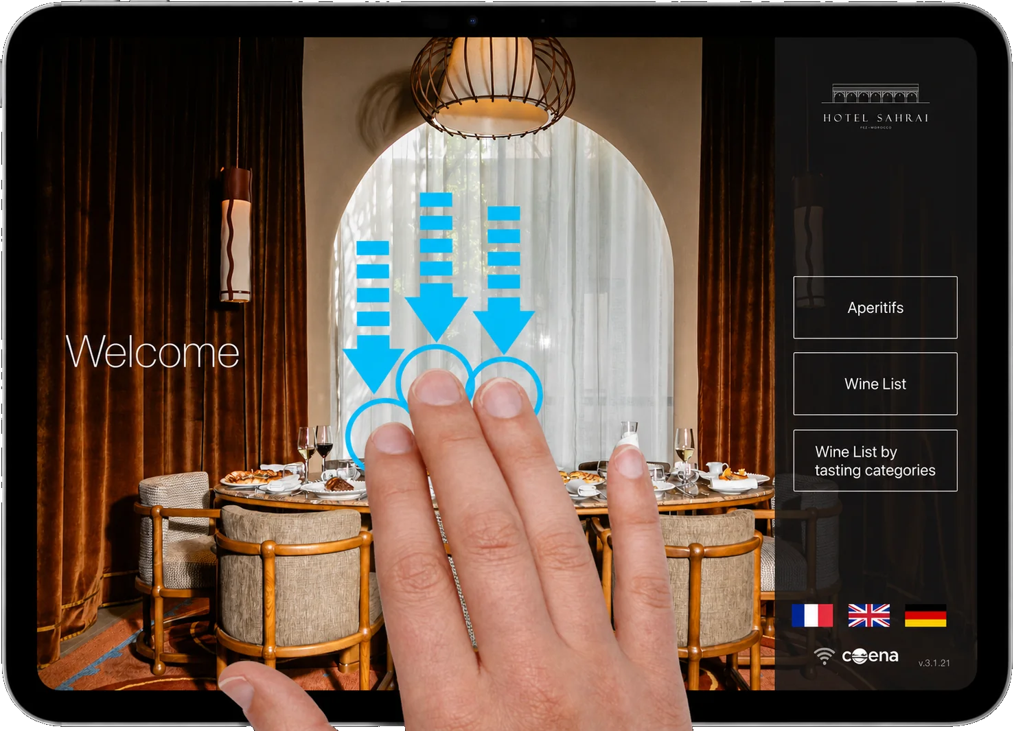 iPad wine list: a three-finger swipe down from the guest screen opens the COENA administration portal