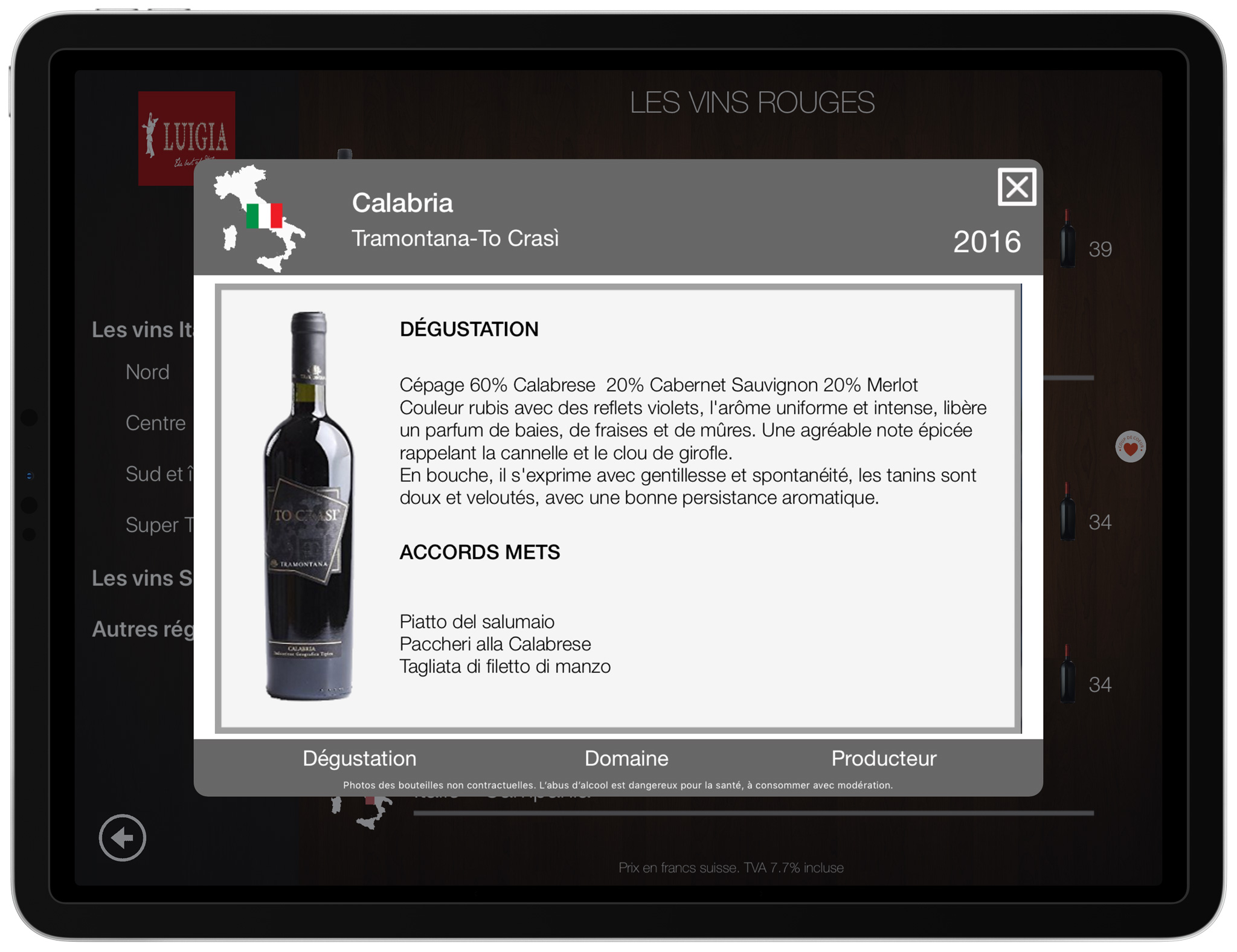 Notes de dégustation vins carte numérique iPad