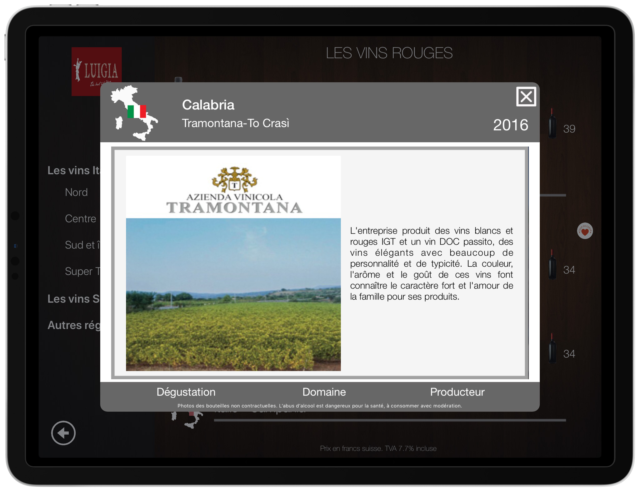 Description du domaine viticole carte des vins iPad numérique