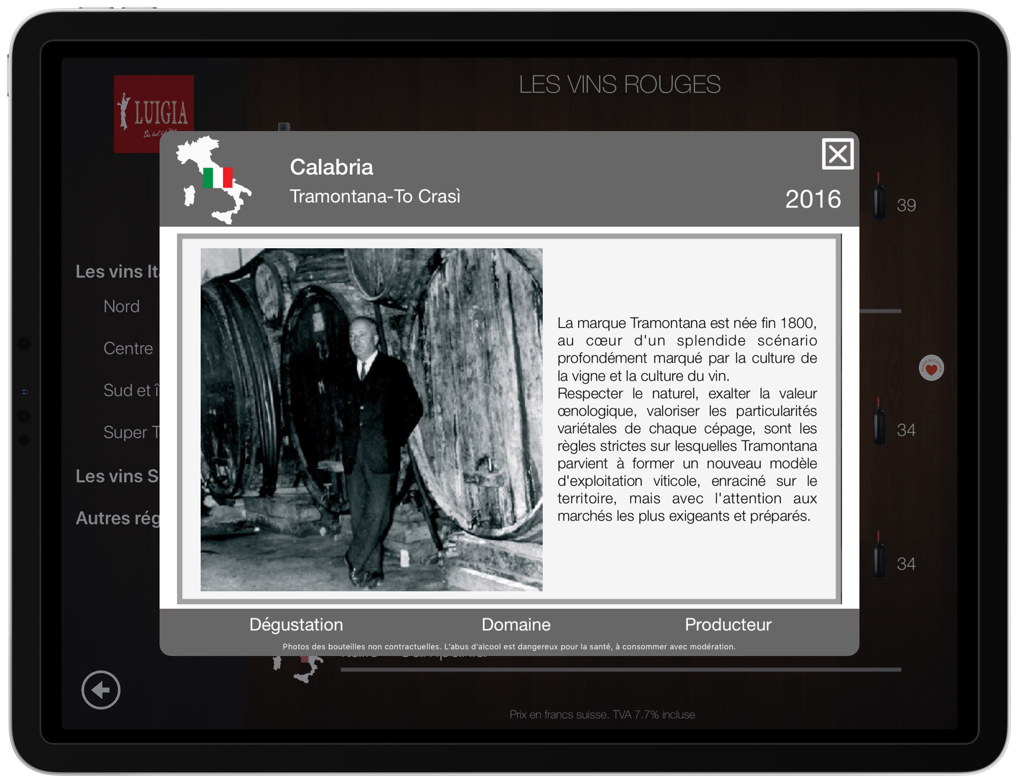 Description du viticulteur exploitant carte vins numérique iPad